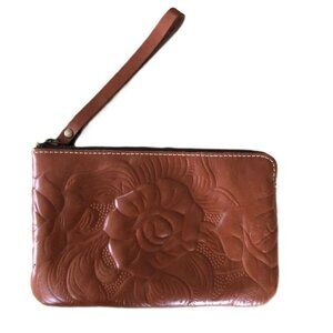 Patricia Nash Floral Embossed Leather Wristlet Color: Tan